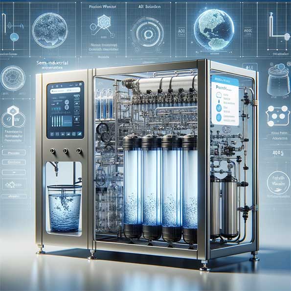 تصویر ایجاد شده نمایانگر یک دستگاه تصفیه آب نیمه صنعتی با ظرفیت ۴۰۰ گالن است که با استفاده از هوش مصنوعی برای افزایش کارایی طراحی شده است. این دستگاه با طراحی مدرن و کاربردی خود، ترکیبی از فناوری پیشرفته و کاربرد عملی در تصفیه آب را نشان می‌دهد.