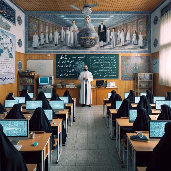 تصویری که ایجاد شد، نمایشی از یک کلاس درس دانشگاه در ایران را برای آموزش هوش مصنوعی به تصویر می‌کشد، جایی که یک روحانی در حال تدریس است. (این تصویر واقعی نیست و توسط هوش مصنوعی تولید شده)