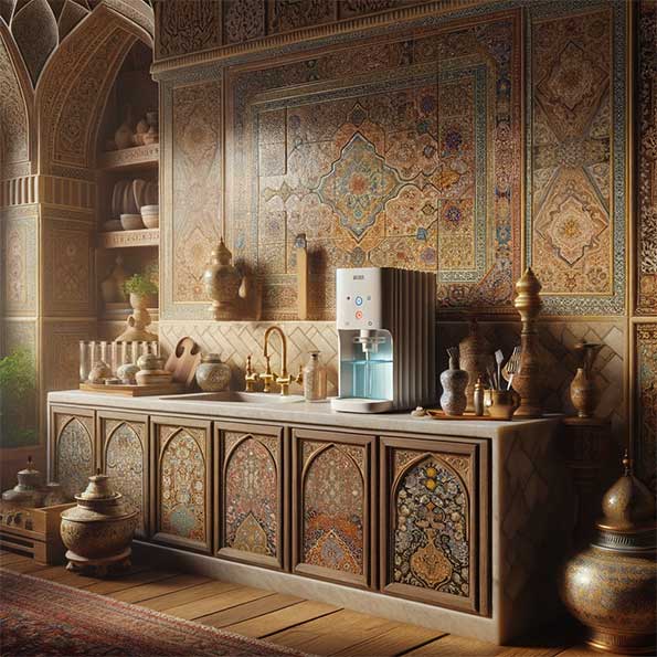در اینجا تصویری از یک سیستم تصفیه آب روی کانتر در یک آشپزخانه سنتی ایرانی نشان داده شده است که زیبایی مدرن تکنولوژی را با عناصر طراحی داخلی کلاسیک فارسی ترکیب کرده است.