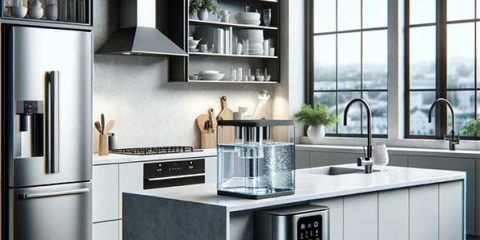 اینجا تصویری است که یک سیستم تصفیه آب خانگی کوچک و مدرن روی میز آشپزخانه‌ای مدرن و زیبا را نشان می‌دهد.